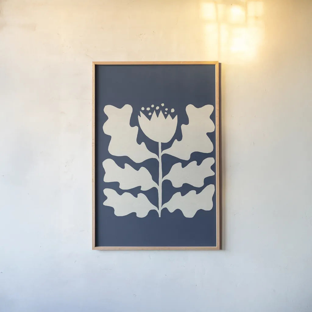 Delighted I Navy Vertical by Moira Hershey. shown as a paper print in a natural frame. Available as a archival giclee rolled canvas, fine art paper, or poster print. SKU 80735h.