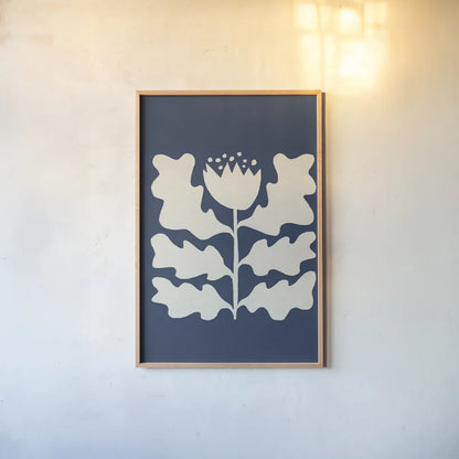 Delighted I Navy Vertical by Moira Hershey. shown as a paper print in a natural frame. Available as a archival giclee rolled canvas, fine art paper, or poster print. SKU 80735h.
