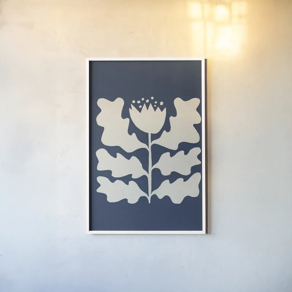Delighted I Navy Vertical by Moira Hershey. shown as a paper print in a white frame. Available as a archival giclee rolled canvas, fine art paper, or poster print. SKU 80735h.