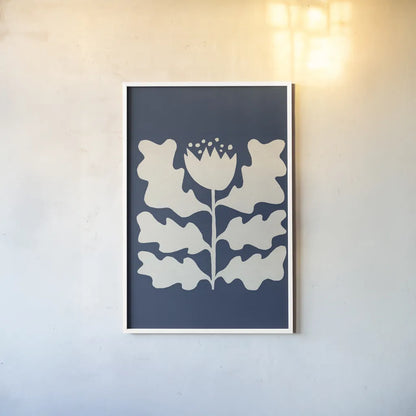 Delighted I Navy Vertical by Moira Hershey. shown as a paper print in a white frame. Available as a archival giclee rolled canvas, fine art paper, or poster print. SKU 80735h.