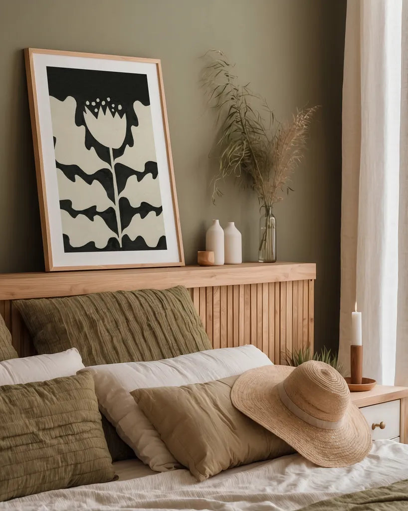 Delighted I Vertical by Moira Hershey. shown as a paper print in a natural frame. Available as a archival giclee rolled canvas, fine art paper, or poster print. SKU 80696h.