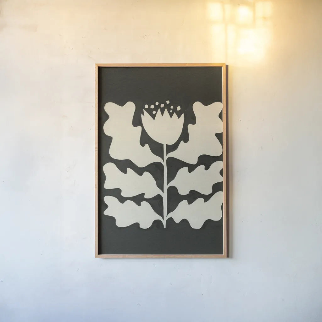 Delighted I Vertical by Moira Hershey. shown as a paper print in a natural frame. Available as a archival giclee rolled canvas, fine art paper, or poster print. SKU 80696h.