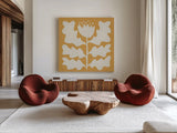 Delighted I Yellow by Moira Hershey. Shown as extra-large giant wall art in a modern living room. Available as an archival giclee rolled canvas, fine art paper, or poster print. SKU 80535a.