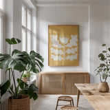 Delighted I Yellow Vertical by Moira Hershey. shown as a print in a natural wood frame in a dining room. Available as a archival giclee rolled canvas, fine art paper, or poster print. SKU 80720h.