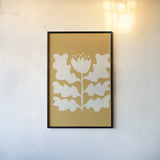 Delighted I Yellow Vertical by Moira Hershey. shown as a paper print in a black flame. Available as a archival giclee rolled canvas, fine art paper, or poster print. SKU 80720h.