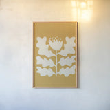 Delighted I Yellow Vertical by Moira Hershey. shown as a paper print in a natural frame. Available as a archival giclee rolled canvas, fine art paper, or poster print. SKU 80720h.