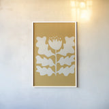 Delighted I Yellow Vertical by Moira Hershey. shown as a paper print in a white frame. Available as a archival giclee rolled canvas, fine art paper, or poster print. SKU 80720h.