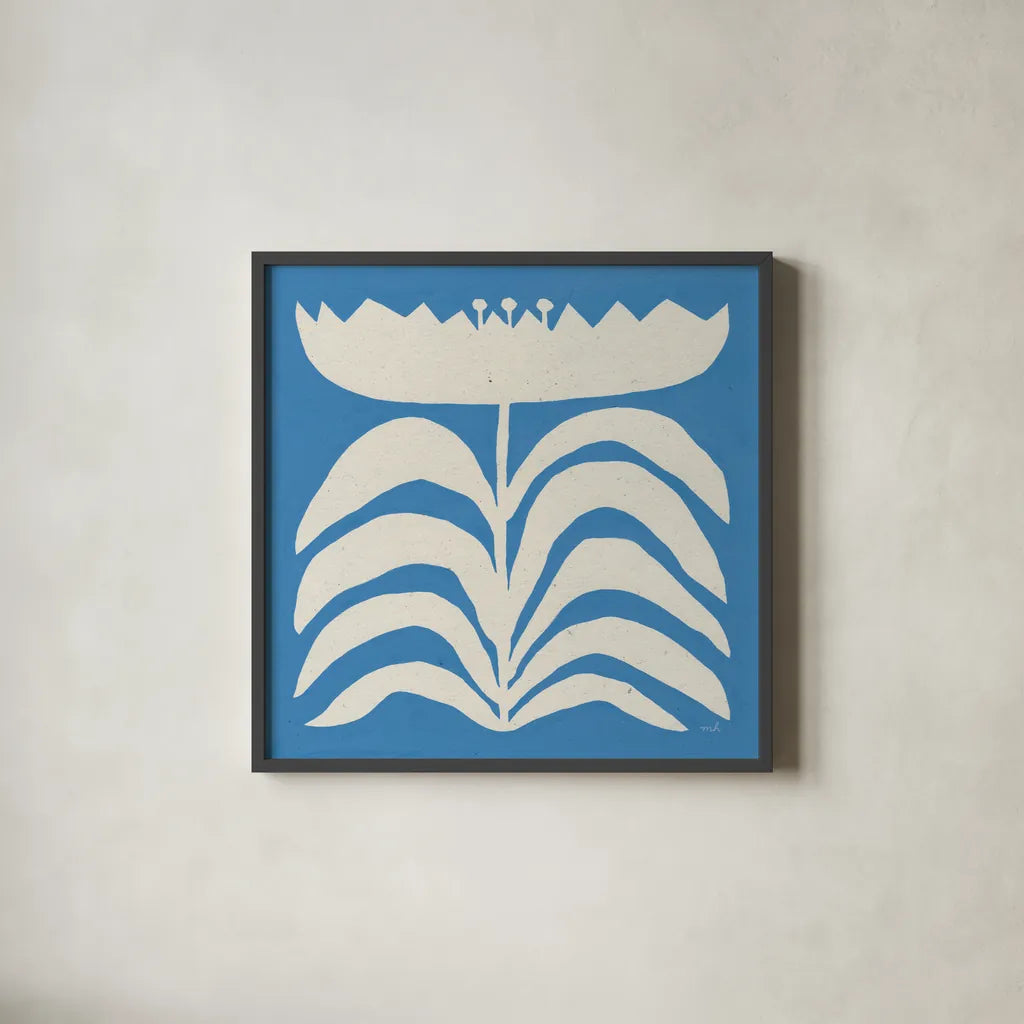Delighted II Blue by Moira Hershey. Shown in a sleek black glass frame for a contemporary gallery look. Available as an archival giclee rolled canvas, fine art paper, or poster print. SKU 80395a.