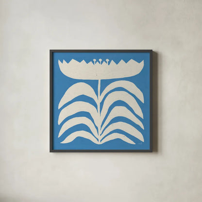 Delighted II Blue by Moira Hershey. Shown in a sleek black glass frame for a contemporary gallery look. Available as an archival giclee rolled canvas, fine art paper, or poster print. SKU 80395a.