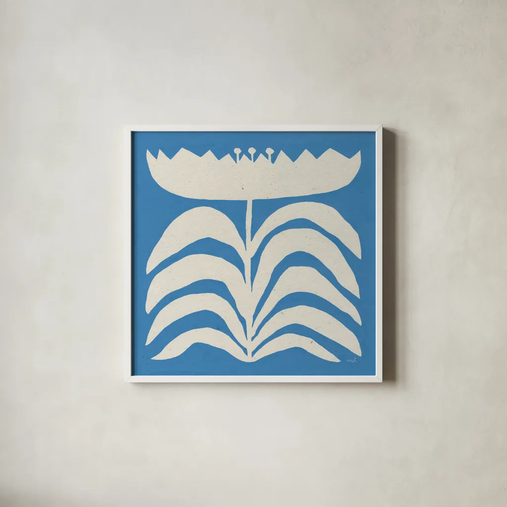 Delighted II Blue by Moira Hershey. Shown in a crisp white glass frame for a clean and minimalist style. Available as an archival giclee rolled canvas, fine art paper, or poster print. SKU 80395a.
