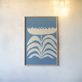 Delighted II Blue Vertical by Moira Hershey. shown as a paper print in a natural frame. Available as a archival giclee rolled canvas, fine art paper, or poster print. SKU 80717h.