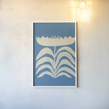 Delighted II Blue Vertical by Moira Hershey. shown as a paper print in a white frame. Available as a archival giclee rolled canvas, fine art paper, or poster print. SKU 80717h.