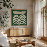 Delighted II Emerald by Moira Hershey. Shown in a natural wood frame in a cozy modern living room. Available as an archival giclee rolled canvas, fine art paper, or poster print. SKU 80199a.