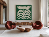 Delighted II Emerald by Moira Hershey. Shown as extra-large giant wall art in a modern living room. Available as an archival giclee rolled canvas, fine art paper, or poster print. SKU 80199a.