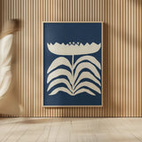 Delighted II Navy Vertical by Moira Hershey. shown as over sized large wall art. Available as an archival giclee rolled canvas, fine art paper, or poster print. SKU 80736h.
