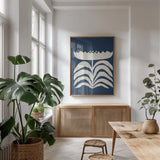 Delighted II Navy Vertical by Moira Hershey. shown as a print in a natural wood frame in a dining room. Available as a archival giclee rolled canvas, fine art paper, or poster print. SKU 80736h.