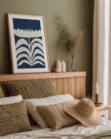 Delighted II Navy Vertical by Moira Hershey. shown as a paper print in a natural frame. Available as a archival giclee rolled canvas, fine art paper, or poster print. SKU 80736h.