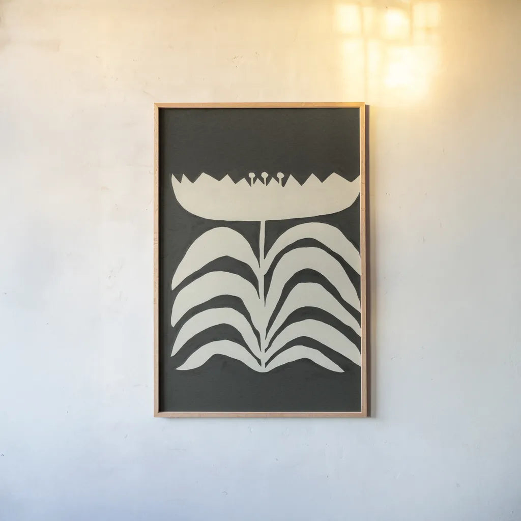 Delighted II Vertical by Moira Hershey. shown as a paper print in a natural frame. Available as a archival giclee rolled canvas, fine art paper, or poster print. SKU 80697h.