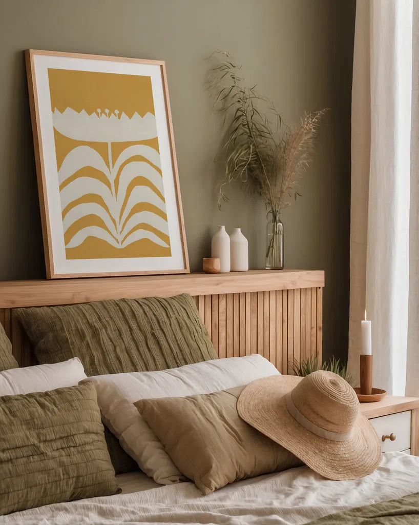 Delighted II Yellow Vertical by Moira Hershey. shown as a paper print in a natural frame. Available as a archival giclee rolled canvas, fine art paper, or poster print. SKU 80721h.