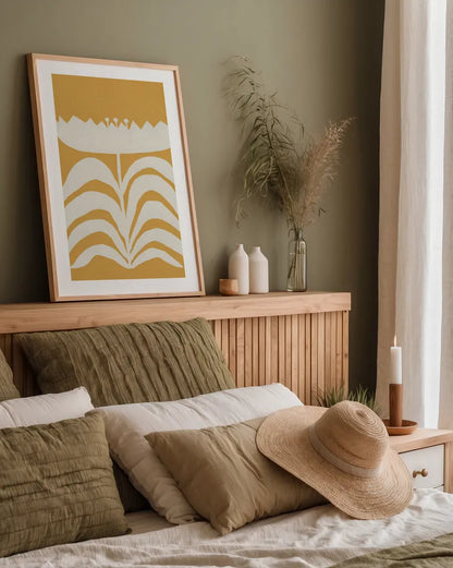 Delighted II Yellow Vertical by Moira Hershey. shown as a paper print in a natural frame. Available as a archival giclee rolled canvas, fine art paper, or poster print. SKU 80721h.