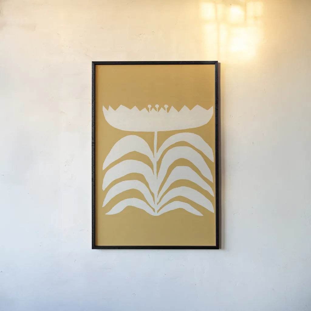 Delighted II Yellow Vertical by Moira Hershey. shown as a paper print in a black flame. Available as a archival giclee rolled canvas, fine art paper, or poster print. SKU 80721h.