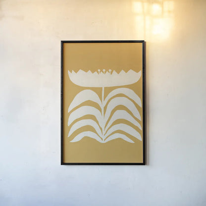 Delighted II Yellow Vertical by Moira Hershey. shown as a paper print in a black flame. Available as a archival giclee rolled canvas, fine art paper, or poster print. SKU 80721h.