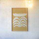 Delighted II Yellow Vertical by Moira Hershey. shown as a paper print in a natural frame. Available as a archival giclee rolled canvas, fine art paper, or poster print. SKU 80721h.