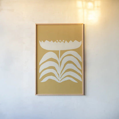 Delighted II Yellow Vertical by Moira Hershey. shown as a paper print in a natural frame. Available as a archival giclee rolled canvas, fine art paper, or poster print. SKU 80721h.