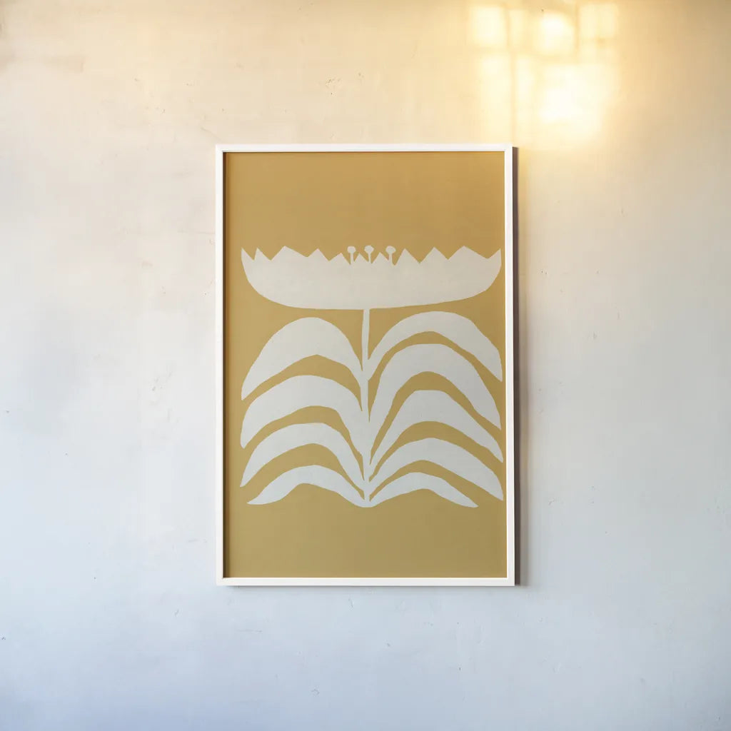 Delighted II Yellow Vertical by Moira Hershey. shown as a paper print in a white frame. Available as a archival giclee rolled canvas, fine art paper, or poster print. SKU 80721h.