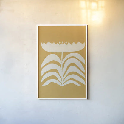 Delighted II Yellow Vertical by Moira Hershey. shown as a paper print in a white frame. Available as a archival giclee rolled canvas, fine art paper, or poster print. SKU 80721h.