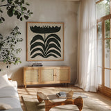 Delighted III by Moira Hershey. Shown in a natural wood frame in a cozy modern living room. Available as an archival giclee rolled canvas, fine art paper, or poster print. SKU 79050a.