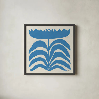 Delighted III Blue by Moira Hershey. Shown in a sleek black glass frame for a contemporary gallery look. Available as an archival giclee rolled canvas, fine art paper, or poster print. SKU 80396a.