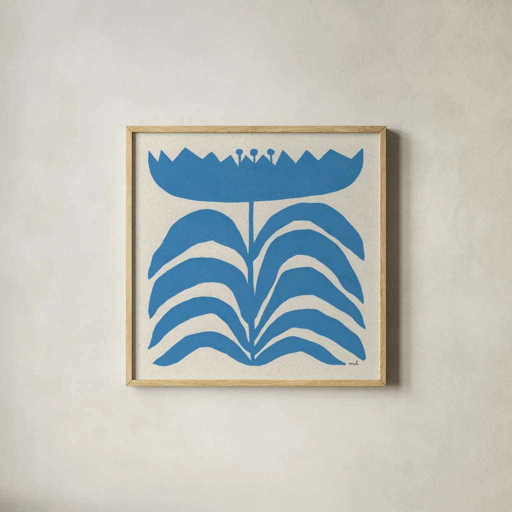 Delighted III Blue by Moira Hershey. Shown in a natural wood glass frame for a timeless modern aesthetic. Available as an archival giclee rolled canvas, fine art paper, or poster print. SKU 80396a.