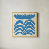 Delighted III Blue by Moira Hershey. Shown in a natural wood glass frame for a timeless modern aesthetic. Available as an archival giclee rolled canvas, fine art paper, or poster print. SKU 80396a.