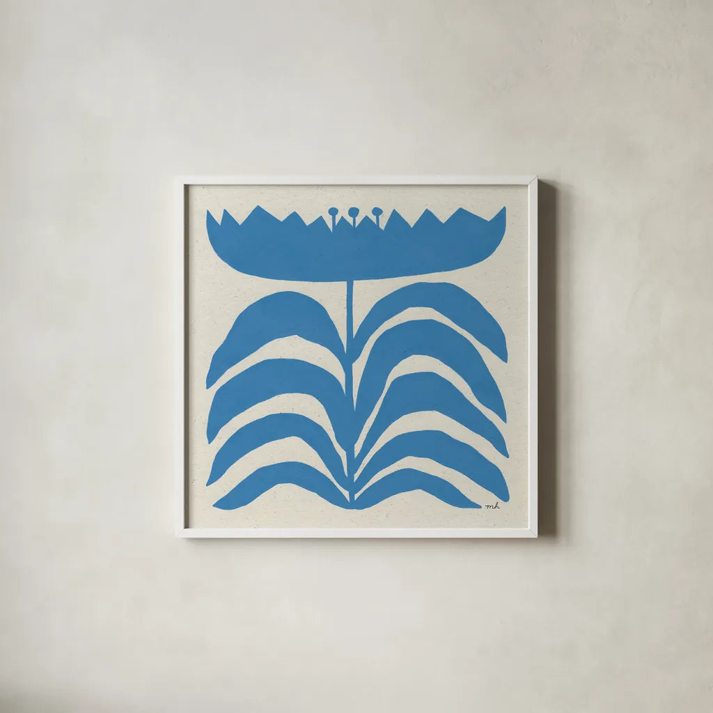 Delighted III Blue by Moira Hershey. Shown in a crisp white glass frame for a clean and minimalist style. Available as an archival giclee rolled canvas, fine art paper, or poster print. SKU 80396a.