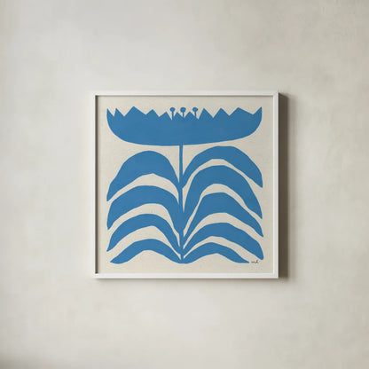 Delighted III Blue by Moira Hershey. Shown in a crisp white glass frame for a clean and minimalist style. Available as an archival giclee rolled canvas, fine art paper, or poster print. SKU 80396a.