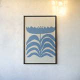 Delighted III Blue Vertical by Moira Hershey. shown as a paper print in a black flame. Available as a archival giclee rolled canvas, fine art paper, or poster print. SKU 80718h.