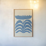 Delighted III Blue Vertical by Moira Hershey. shown as a paper print in a natural frame. Available as a archival giclee rolled canvas, fine art paper, or poster print. SKU 80718h.