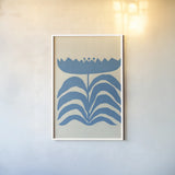 Delighted III Blue Vertical by Moira Hershey. shown as a paper print in a white frame. Available as a archival giclee rolled canvas, fine art paper, or poster print. SKU 80718h.