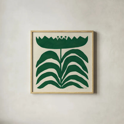Delighted III Emerald by Moira Hershey. Shown in a natural wood glass frame for a timeless modern aesthetic. Available as an archival giclee rolled canvas, fine art paper, or poster print. SKU 80200a.