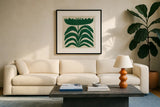 Delighted III Emerald by Moira Hershey. Displayed in a glass frame with matte in a clean modern living room. Available as an archival giclee rolled canvas, fine art paper, or poster print. SKU 80200a.