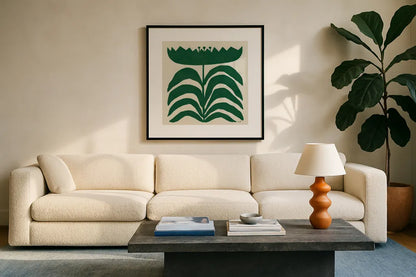 Delighted III Emerald by Moira Hershey. Displayed in a glass frame with matte in a clean modern living room. Available as an archival giclee rolled canvas, fine art paper, or poster print. SKU 80200a.
