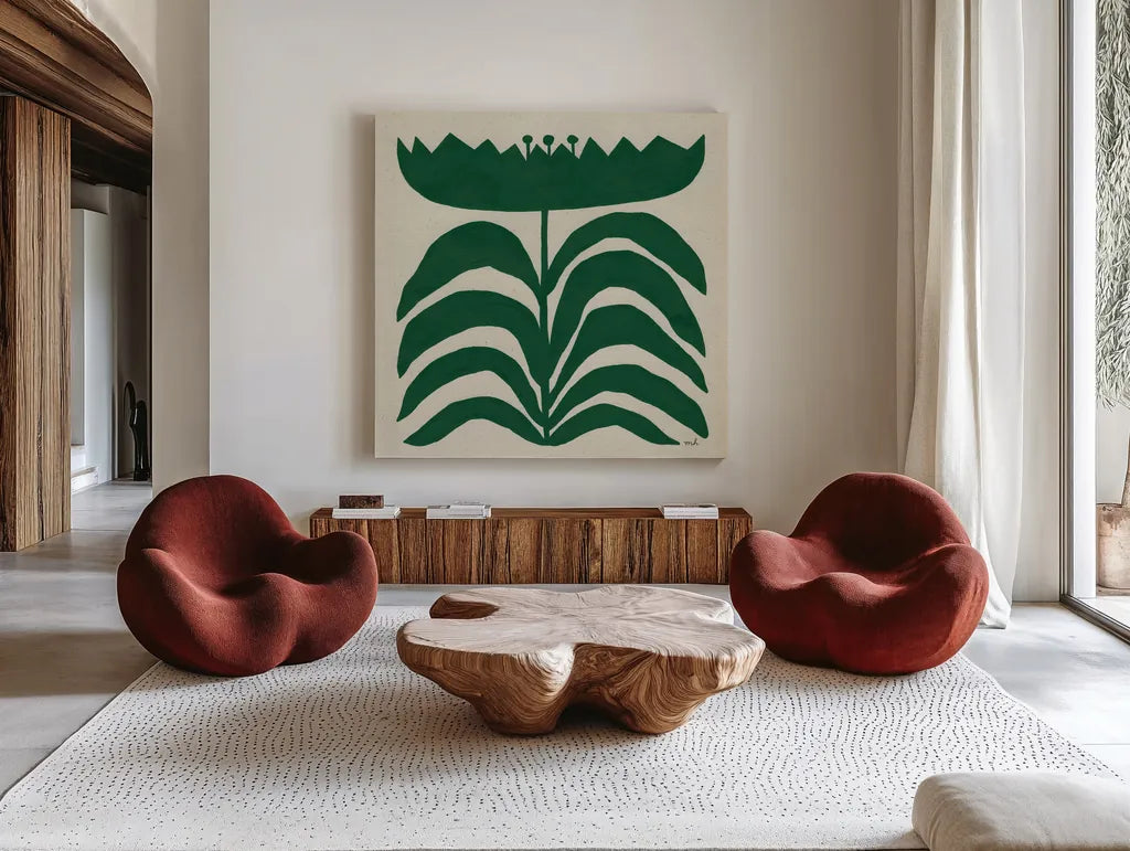 Delighted III Emerald by Moira Hershey. Shown as extra-large giant wall art in a modern living room. Available as an archival giclee rolled canvas, fine art paper, or poster print. SKU 80200a.