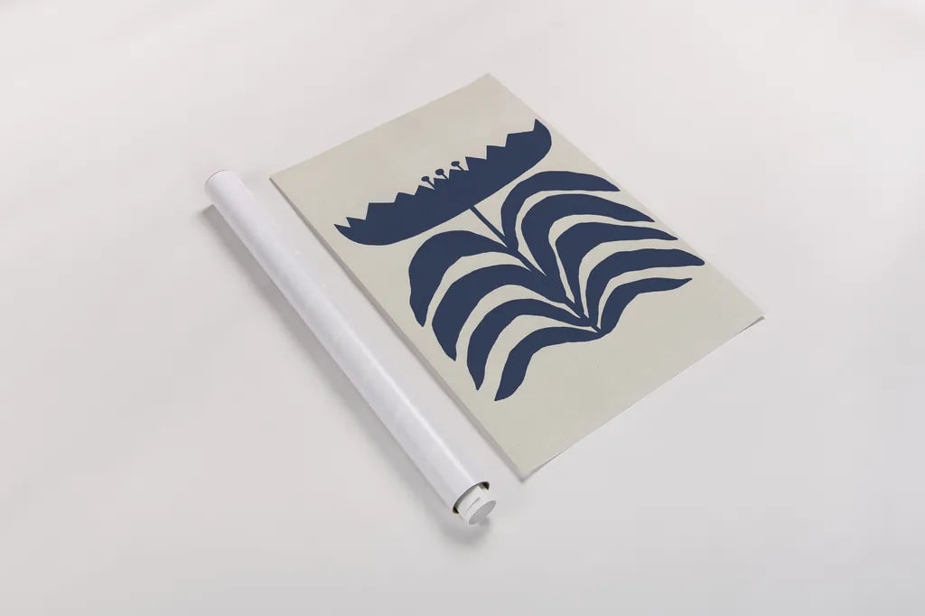 Delighted III Navy Vertical by Moira Hershey. shown as a rolled paper print. Available as archival giclee rolled canvas, fine art paper, or poster print. SKU 80737h.