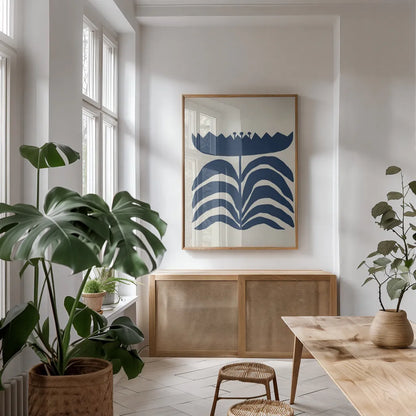 Delighted III Navy Vertical by Moira Hershey. shown as a print in a natural wood frame in a dining room. Available as a archival giclee rolled canvas, fine art paper, or poster print. SKU 80737h.