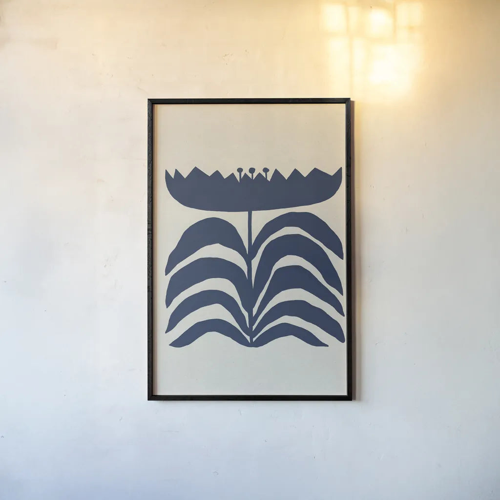 Delighted III Navy Vertical by Moira Hershey. shown as a paper print in a black flame. Available as a archival giclee rolled canvas, fine art paper, or poster print. SKU 80737h.