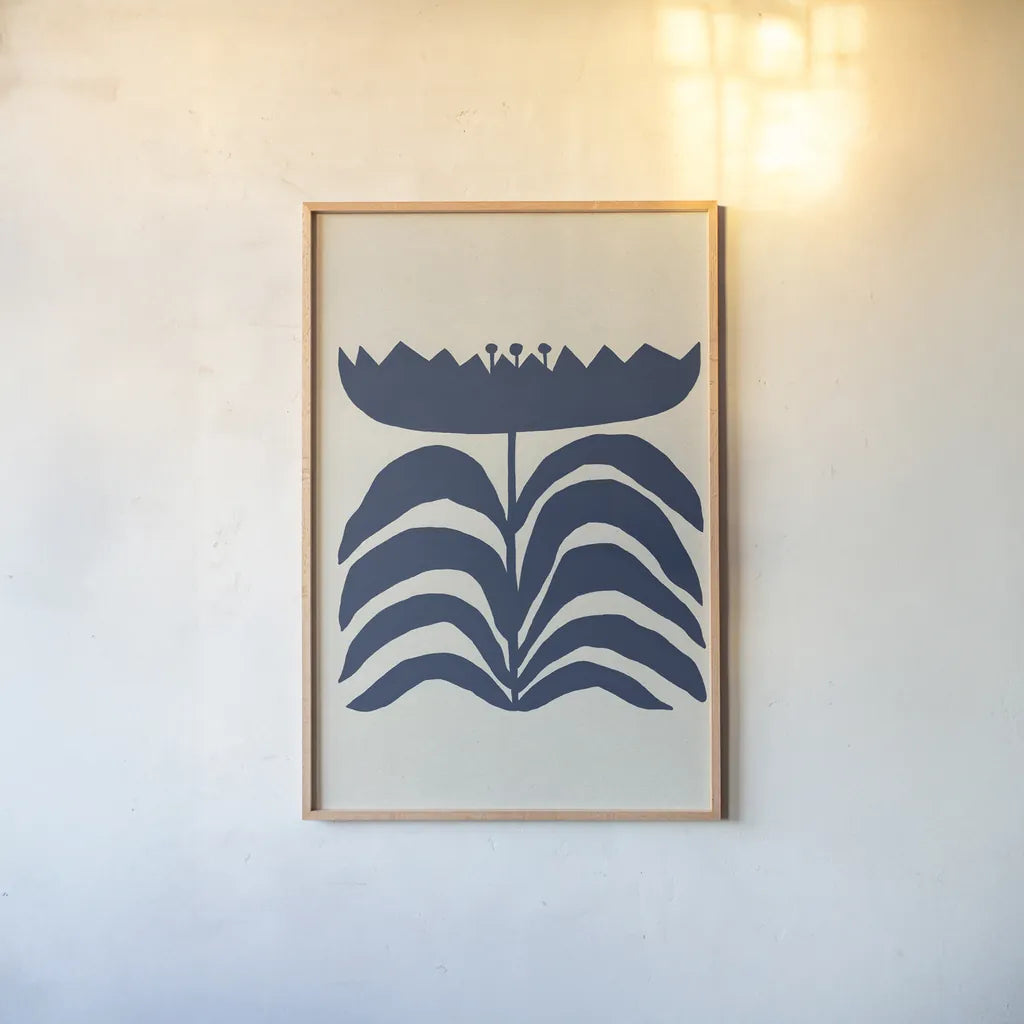 Delighted III Navy Vertical by Moira Hershey. shown as a paper print in a natural frame. Available as a archival giclee rolled canvas, fine art paper, or poster print. SKU 80737h.