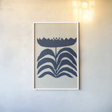 Delighted III Navy Vertical by Moira Hershey. shown as a paper print in a white frame. Available as a archival giclee rolled canvas, fine art paper, or poster print. SKU 80737h.