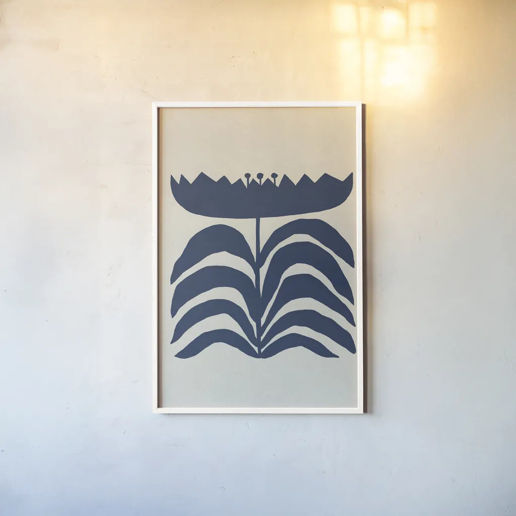 Delighted III Navy Vertical by Moira Hershey. shown as a paper print in a white frame. Available as a archival giclee rolled canvas, fine art paper, or poster print. SKU 80737h.
