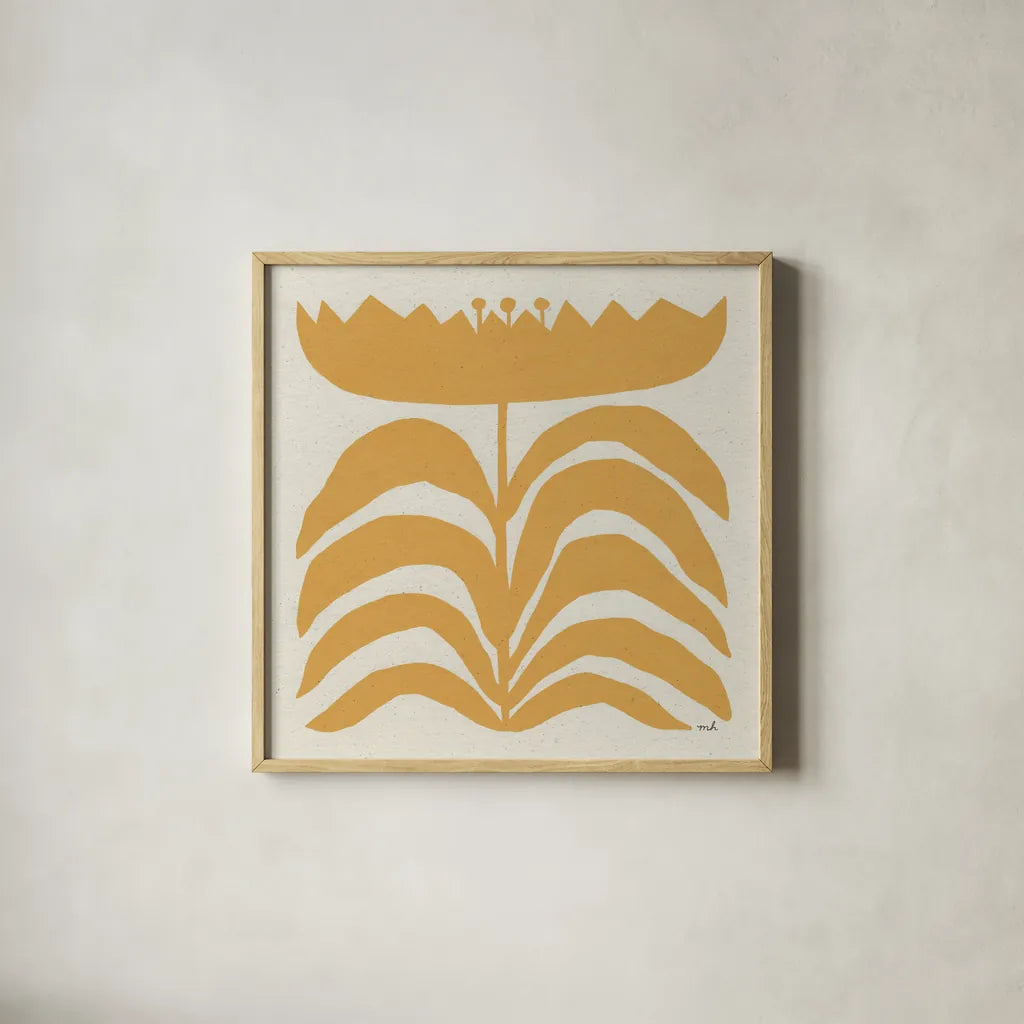 Delighted III Yellow by Moira Hershey. Shown in a natural wood glass frame for a timeless modern aesthetic. Available as an archival giclee rolled canvas, fine art paper, or poster print. SKU 80537a.